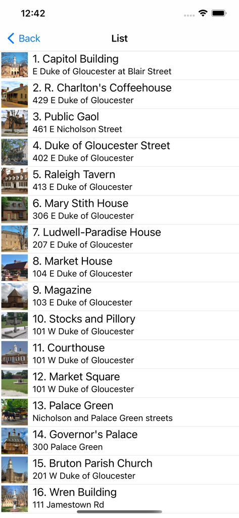 Colonial Williamsburg History - A list of 16 historical landmarks and addresses for the Colonial Williamsburg walking tour.