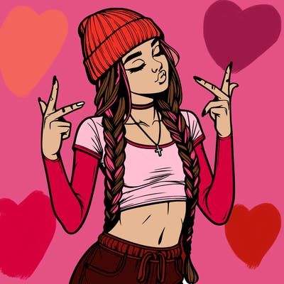 realistic teenage girl with braids and a beanie and crop top doing 🫶🏼