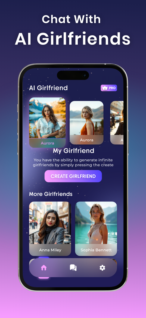 Ai Girlfriend :Virtual Chatbot - Interfaz de la aplicación móvil para el Chatbot Virtual Novia IA mostrando diferentes personajes de IA disponibles para chatear y un botón para crear un nuevo compañero