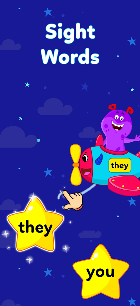 Educational sight words game featuring a purple monster in an airplane and interactive stars with words.