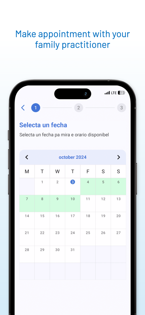 Aruba Health App - Aruba Health App interface showing a calendar to schedule an appointment with a family practitioner