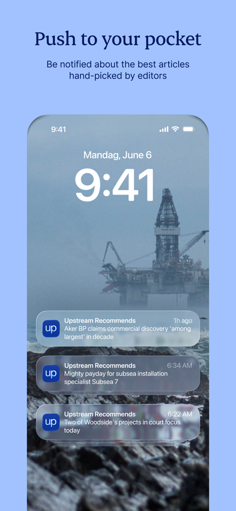 에너지 산업 헤드라인이 포함된 Upstream News 푸시 알림을 표시하는 iPhone 잠금 화면
