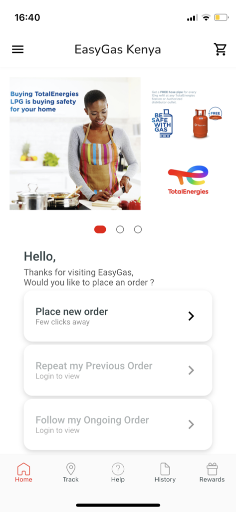 Home screen of the EasyGas Kenya app showing options to place or track LPG gas orders.