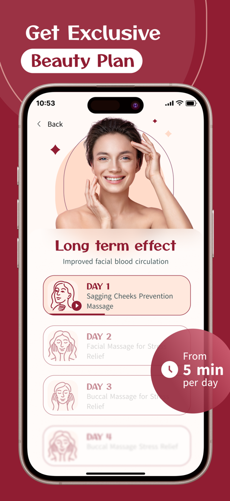 Lumina: Face Yoga - A mobile interface for Lumina Face Yoga showing a daily beauty plan with facial massage routines starting from 5 minutes a day.
