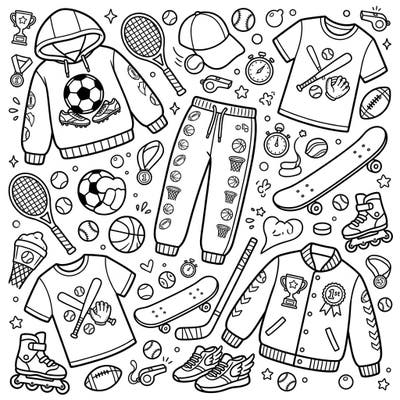 Get ready for an exciting game day with this vibrant coloring page featuring a fantastic collection of children's sports clothing and equipment. Budding athletes will love bringing these fun items to life with their favorite colors.