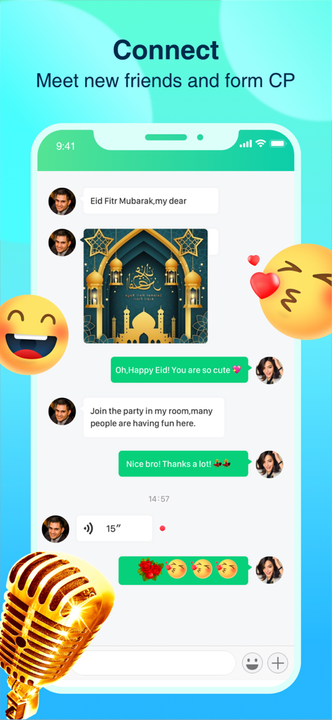 Falla-Make new friends - Screenshot of the Falla app showing a chat interface with text messages, emojis, and voice notes used for making new friends.
