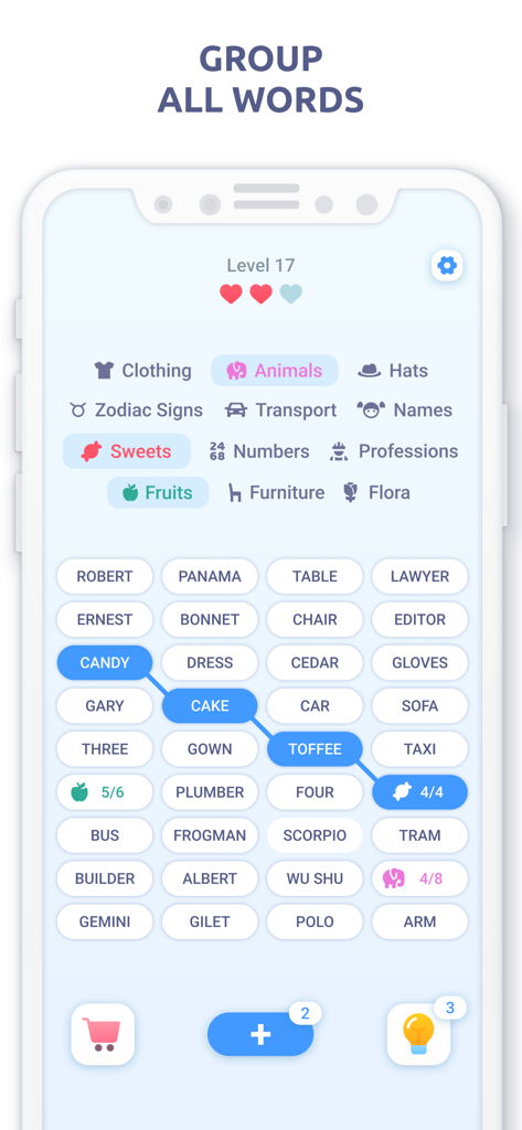 Gameplay screenshot of Associations Word Connections game showing words like candy cake and toffee being grouped under the sweets category