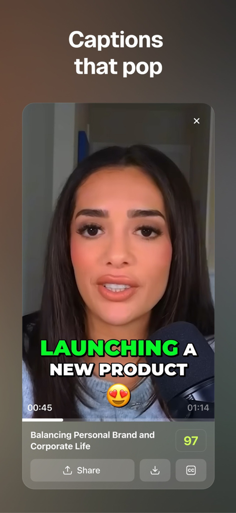 OpusClip - AI video clipping - OpusClip mobile app interface showing professional video captions and virality score