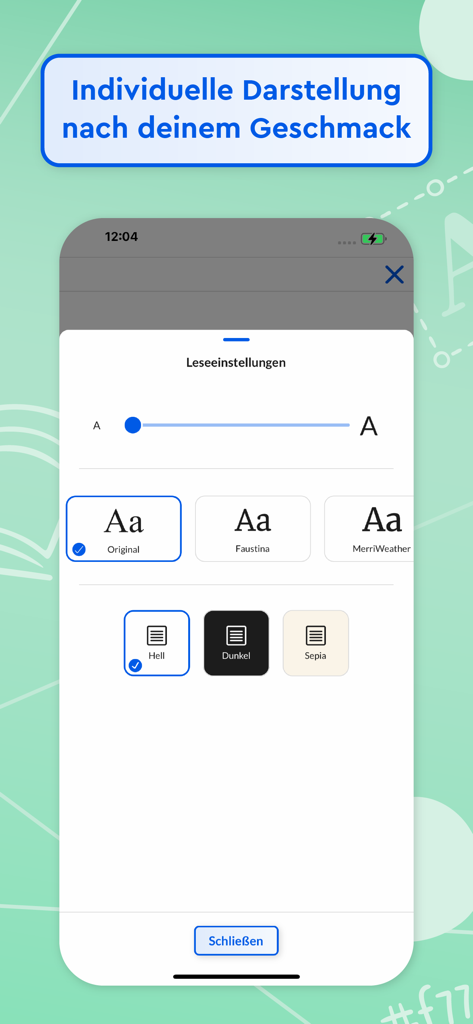 Onleihe 3 - Interface de l'application Onleihe 3 montrant les paramètres de lecture pour la sélection de la taille de la police et les thèmes d'arrière-plan, y compris les modes clair, sombre et sépia