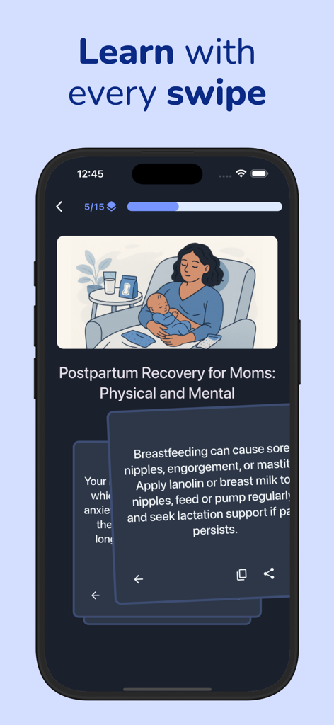 Parenting Leader: Parent Guide - Una pantalla de lección de la aplicación de crianza titulada Recuperación Postparto para Madres, con consejos de lactancia e ilustración de una madre con un bebé.