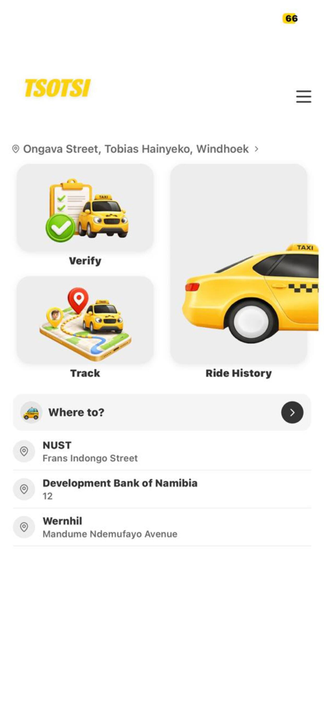 Tsotsi Taxi mobile app dashboard featuring verify track and ride history options