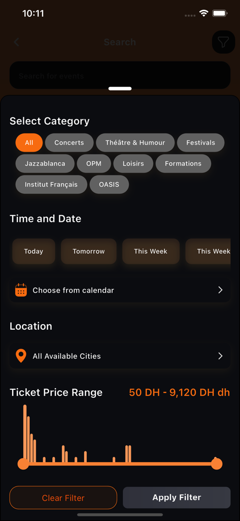 Ticket.ma - Écran de recherche de l'application Ticket.ma avec des filtres pour la catégorie d'événements, la date, le lieu et la fourchette de prix