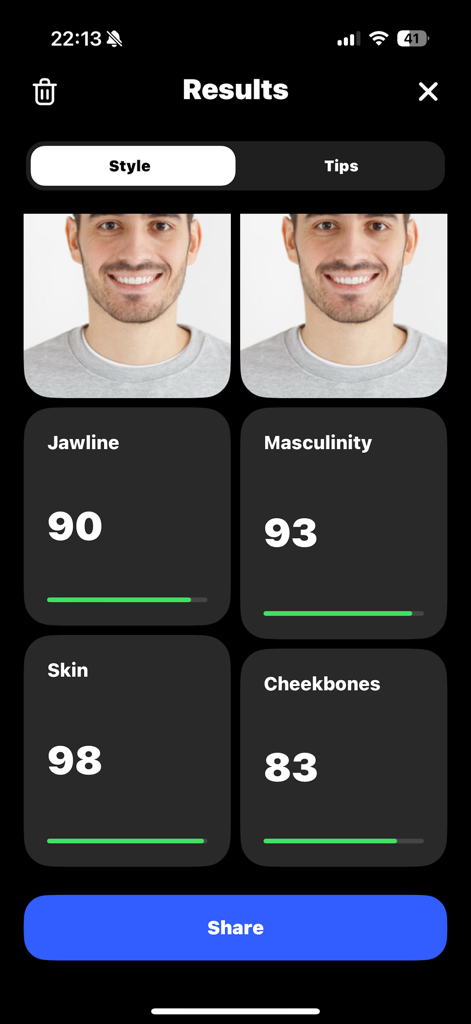 Glow AI Scanner: Looks Rating - 顎のライン、男性らしさ、肌、頬骨の顔スコアが表示されているGlow AIスキャナーの結果画面