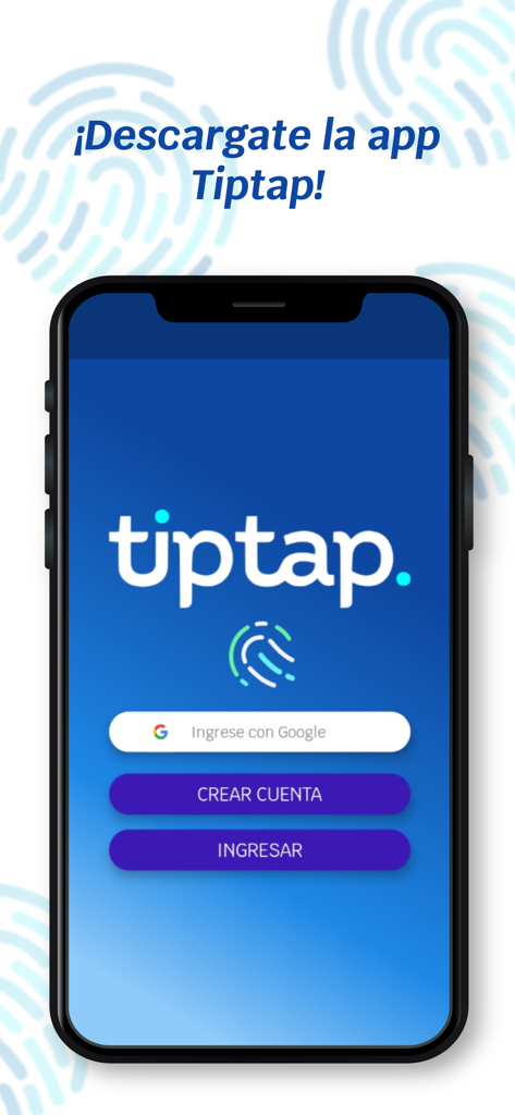 Tiptap - Tiptap mobile app login and signup screen with fingerprint biometric logo and google authentication buttons