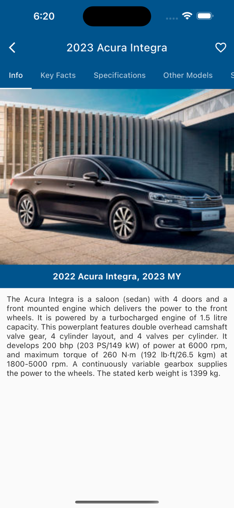 Car Specs Hub - Car Specs Hub app showing detailed specifications and a photo for the 2023 Acura Integra