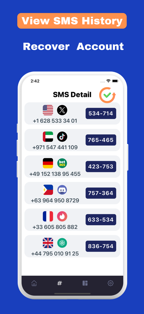 A list of virtual phone numbers from different countries showing received SMS verification codes for various apps
