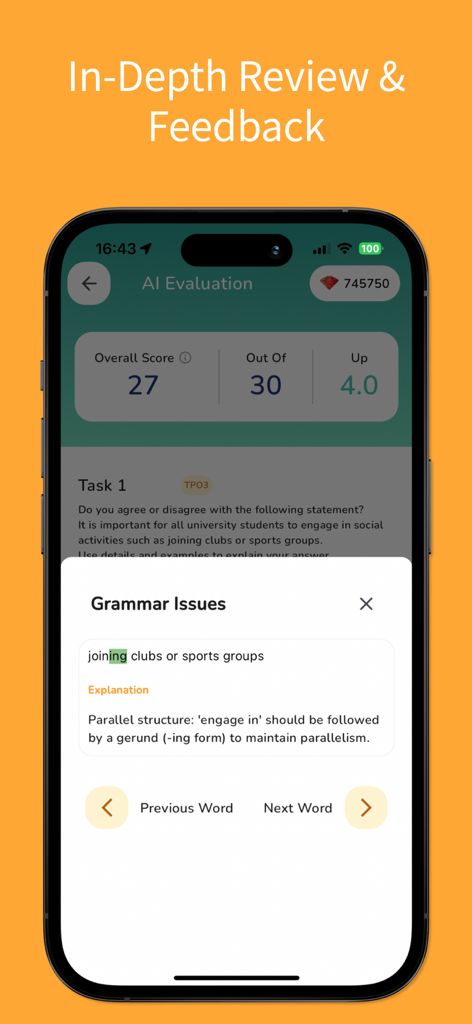 LingoLeap: AI TOEFL Prep - LingoLeap app interface showing an AI evaluation score of 27 out of 30 and detailed grammar feedback for a TOEFL writing task.