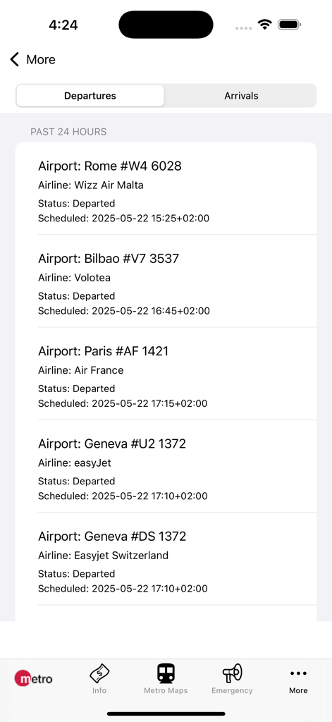 Una lista de vuelos de salida del Aeropuerto de Valencia que incluye nombres de aerolíneas y horarios programados.
