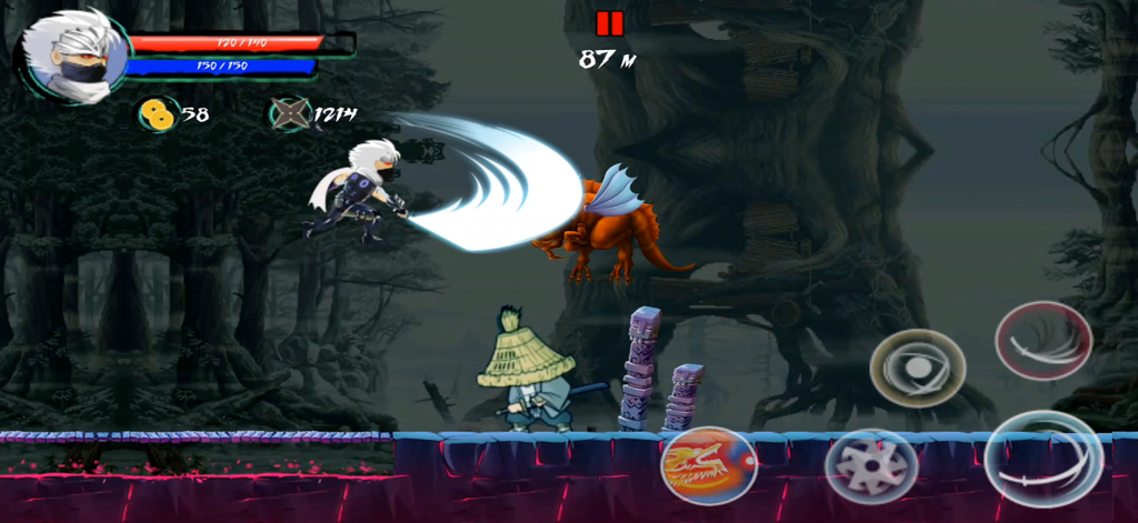 Ninja Assassin Revenge - A ninja character performing a sword slash attack against a dragon monster in a dark forest