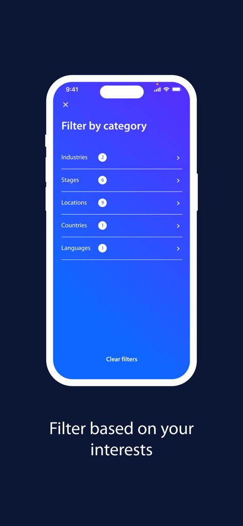 Angel Investment Network - Mobile screen showing filtering options by industry and stage in the Angel Investment Network app