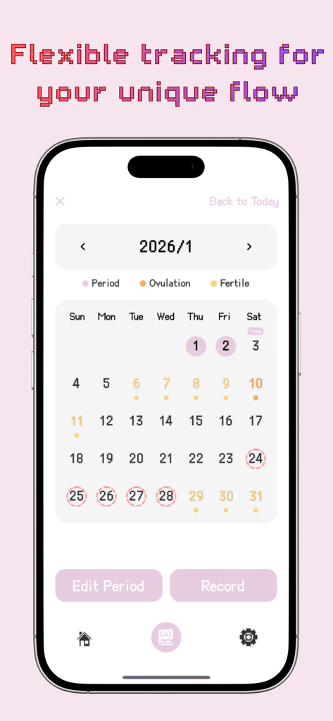 Pixel art calendar view in the P Forest period tracker app