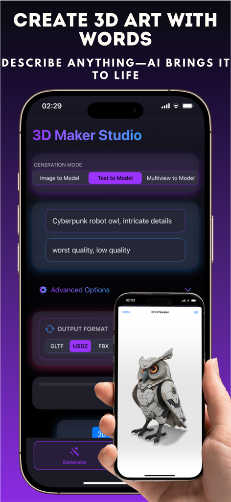 3D Maker Studio - Una interfaz móvil que muestra la función de texto a modelo 3D generando un detallado búho robot ciberpunk.