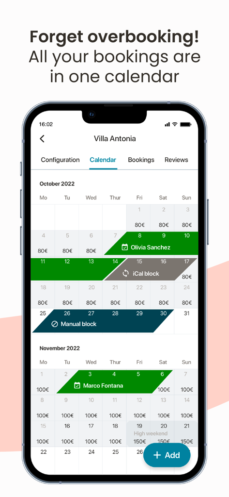 Calendrier unifié de l'application Holidu Host montrant les réservations et la disponibilité en temps réel sur plusieurs plateformes.