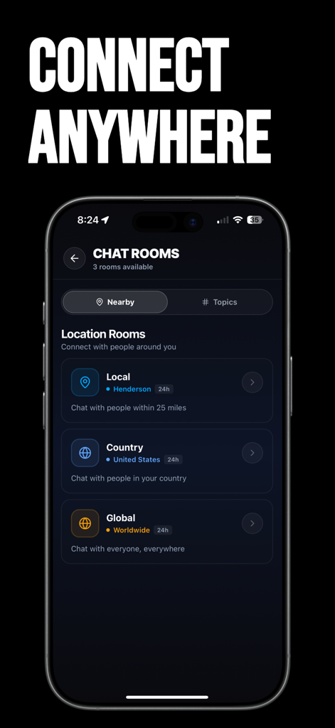 Splashd: Gay Dating & Cruising - Interfaccia dell'app Splashd che mostra stanze di chat basate sulla posizione per connessioni locali, nazionali e globali.
