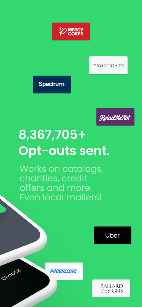 PaperKarma - Stop Junk Mail - Captura de pantalla de la aplicación PaperKarma que muestra más de 8 millones de solicitudes de exclusión enviadas a marcas importantes como Uber y Spectrum