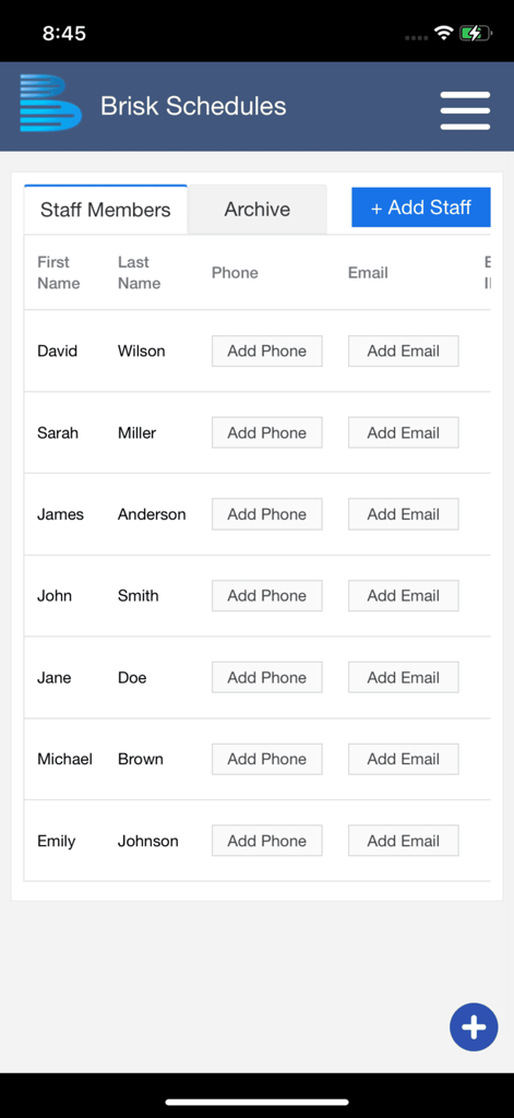 Brisk Schedules - Brisk Schedules employee list screen showing staff names and contact information placeholders