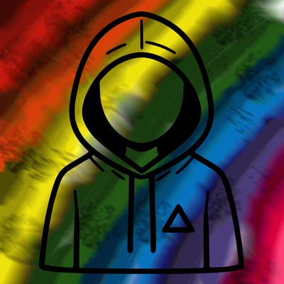 a person with non face waering a hoodie with a small triangle symbol