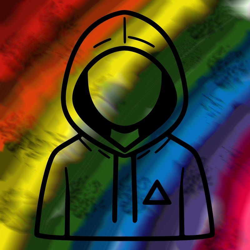 a person with non face waering a hoodie with a small triangle symbol