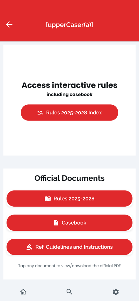 Read Volley - Menu screen of Read Volley app showing links to official rules, casebook, and referee guidelines.