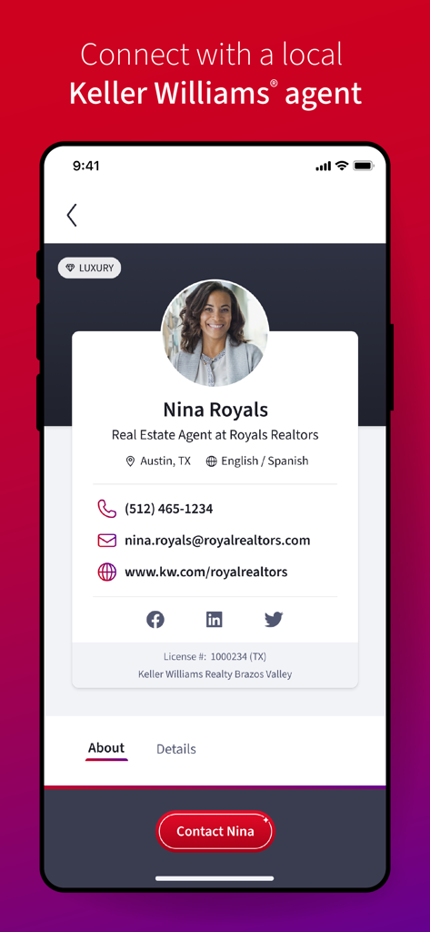 KW Real Estate - A profile page for a Keller Williams real estate agent in the KW Real Estate app with contact details.