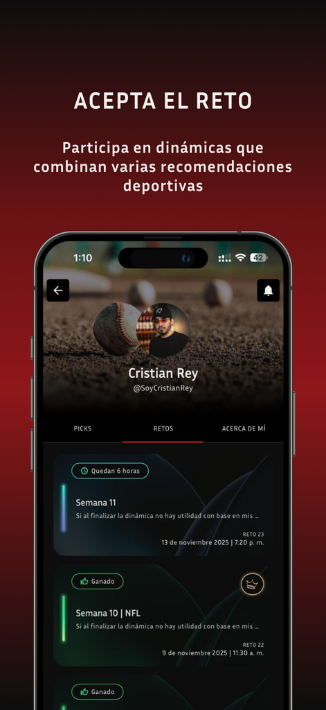 Los Reyes mobile app displaying sports betting challenges and tipster profile Cristian Rey