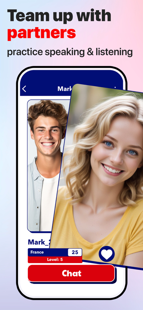 Hello - Talk, chat in English - Interface of Hello app showing profiles to team up with partners for English speaking and listening practice.