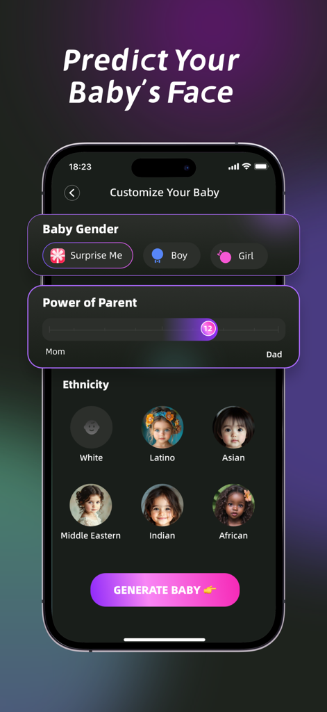 AI Future Baby - Art Generator - Interface of the AI Future Baby app showing customization options for gender, parent weight, and ethnicity.
