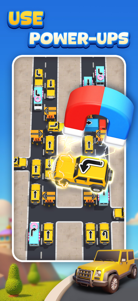 Road Hustle:Tap, Solve, Escape - A large magnet power up lifting a yellow car to clear a traffic jam in Road Hustle