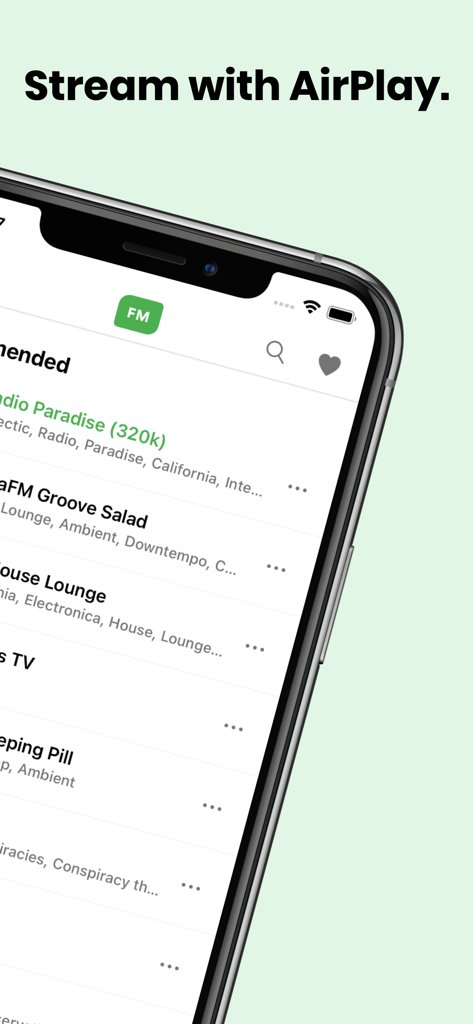 Radio App ‣ - Radio App interface on iPhone showing the AirPlay streaming feature and a list of global radio stations