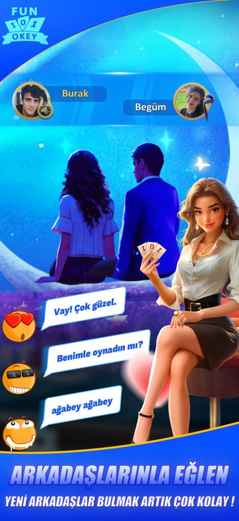 Fun 101 Okey - Play Win Online - Interfaz social de la aplicación Fun 101 Okey con perfiles de jugadores y opciones de chat para encontrar nuevos amigos