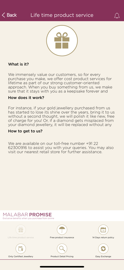 Malabar Gold and Diamonds app screen detailing lifetime product service and customer benefits