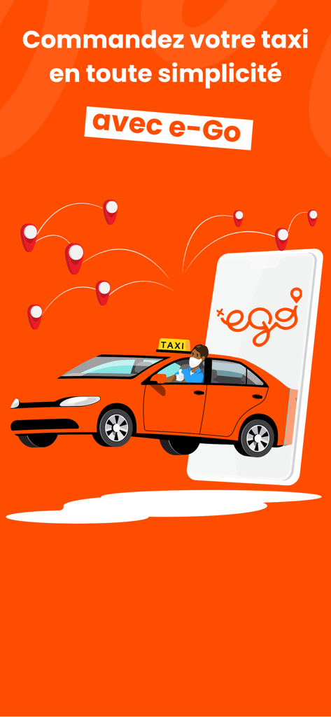 e-Go : Trouvez un Taxi - Um táxi laranja saindo da tela de um smartphone representando o aplicativo de táxi e-Go com pinos de localização no mapa