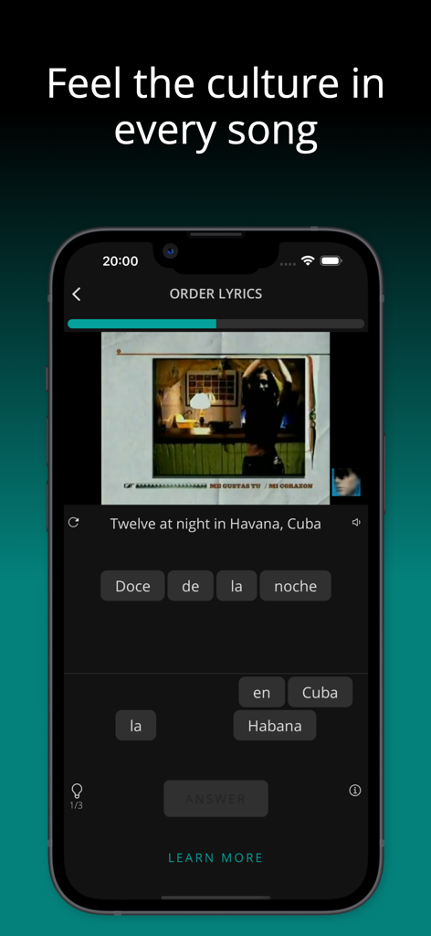 LyricFluent: Learn Languages - LyricFluent app interface showing a Spanish language learning game where users order lyrics from a music video.