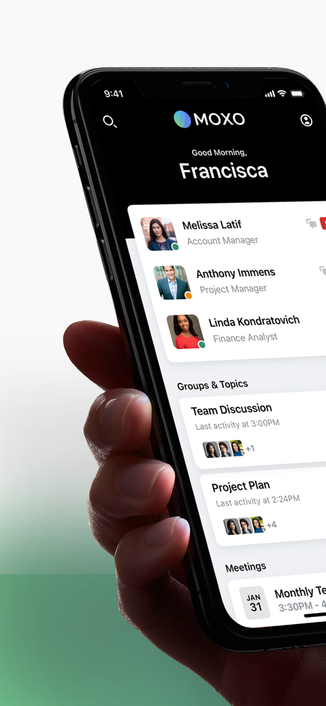 Moxo - A hand holding a smartphone displaying the Moxo app dashboard with client contacts and project discussions