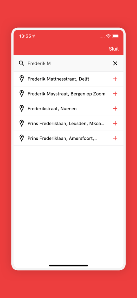 Mobile app screen showing the location search interface to add specific Dutch addresses for emergency monitoring