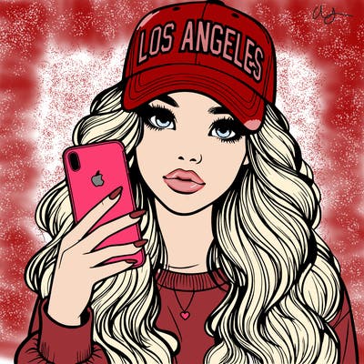 realistic beautiful girl wearing los ángeles cap holding an iphone