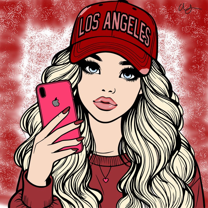 realistic beautiful girl wearing los ángeles cap holding an iphone