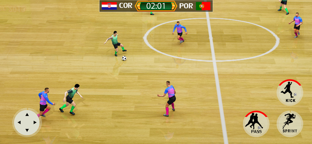 Captura de pantalla de la jugabilidad de Fútbol Sala Indoor 2k26 mostrando un partido entre dos equipos en una cancha de madera con controles móviles