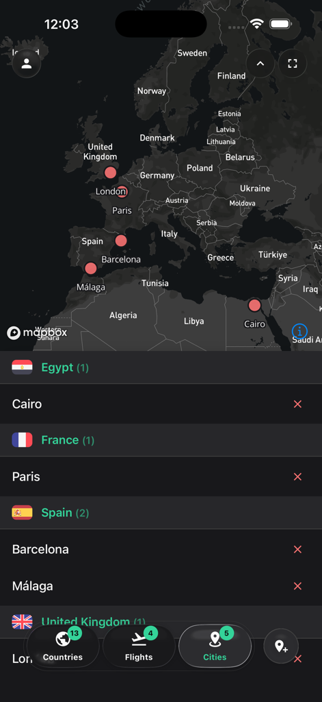 Mapped Out - Travel map - Mapped Out旅行アプリのスクリーンショット。ピン留めされた都市と、ヨーロッパおよびアフリカの訪問済み場所のリストを示すダークモードマップが表示されます。