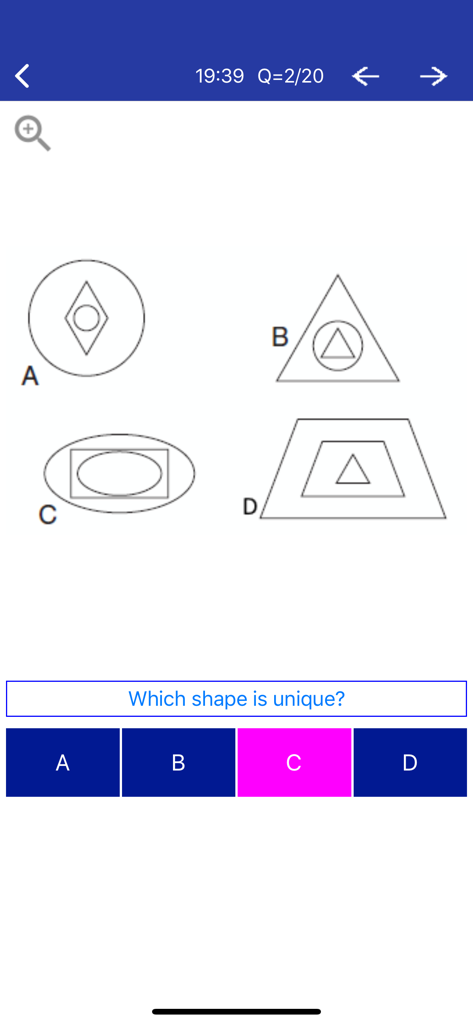 Una pantalla de acertijo de lógica en la aplicación Test y Entrenamiento de CI preguntando para identificar una forma única.